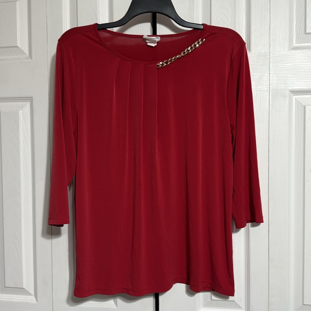 PRETTY BonWorth red & gold chain blouse top shirt size MEDIUM